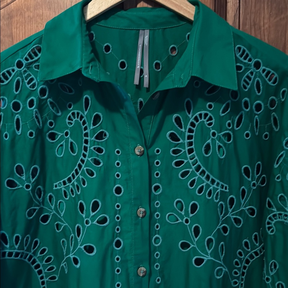 EUC By Anthropologie Green Eyelet Button Down Shirt Mini Dress - Picture 4 of 17